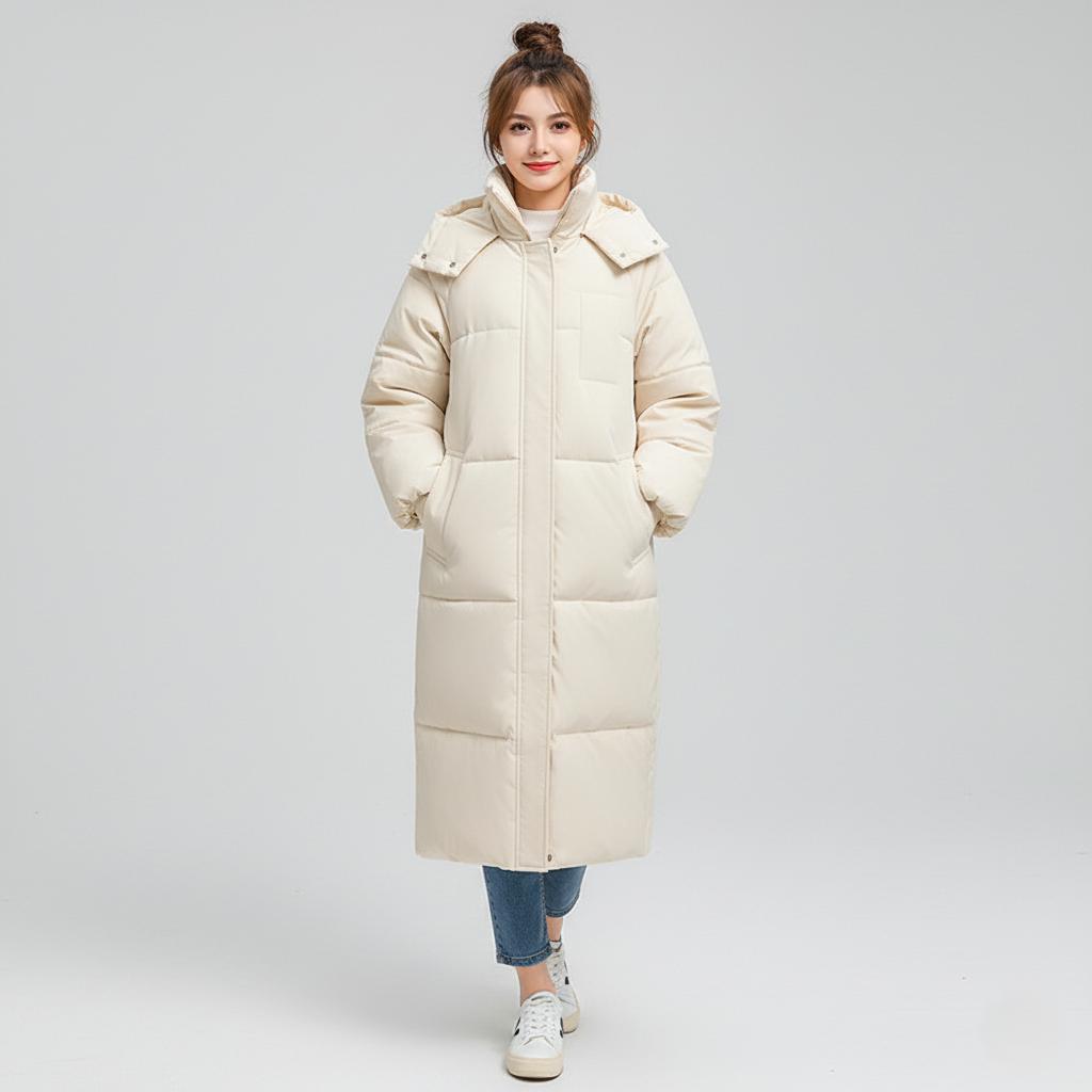 Women's long puffer trench coat oversized quilted insulation hooded high collar winter outerwear
