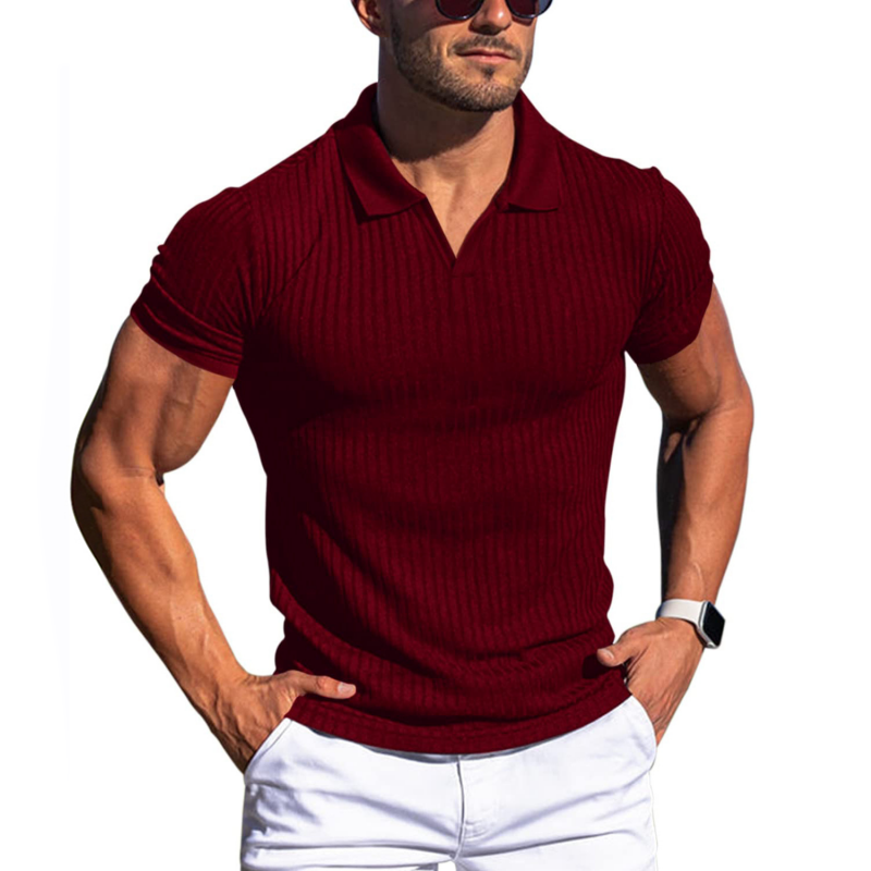 Men's slim fit ribbed knit polo shirt short sleeve premium everyday wear modern silhouette