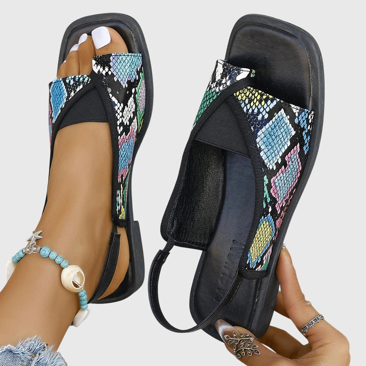 Women's two-tone slingback flat sandals open toe with secure strap, modern minimalist summer style