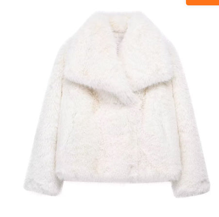 Unisex faux fur winter coat with plush lining in neutral tone, thick elegant casual silhouette