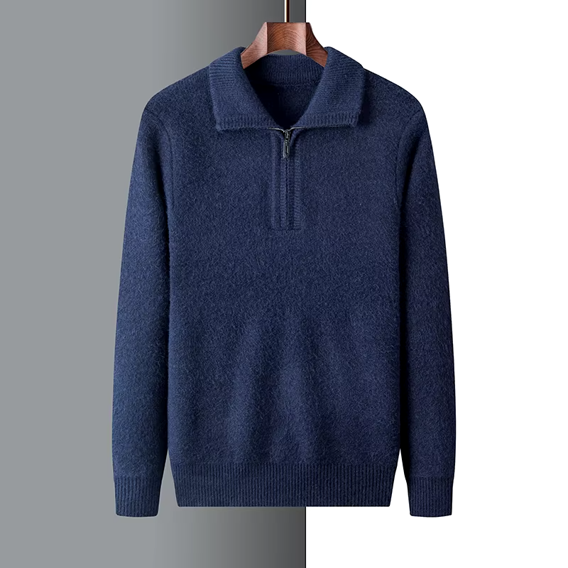 Men's regular fit soft knit sweater with short zip and flat collar in neutral tone