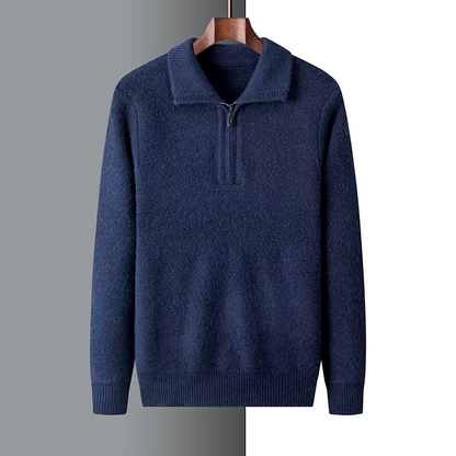 Men's regular fit soft knit sweater with short zip and flat collar in neutral tone