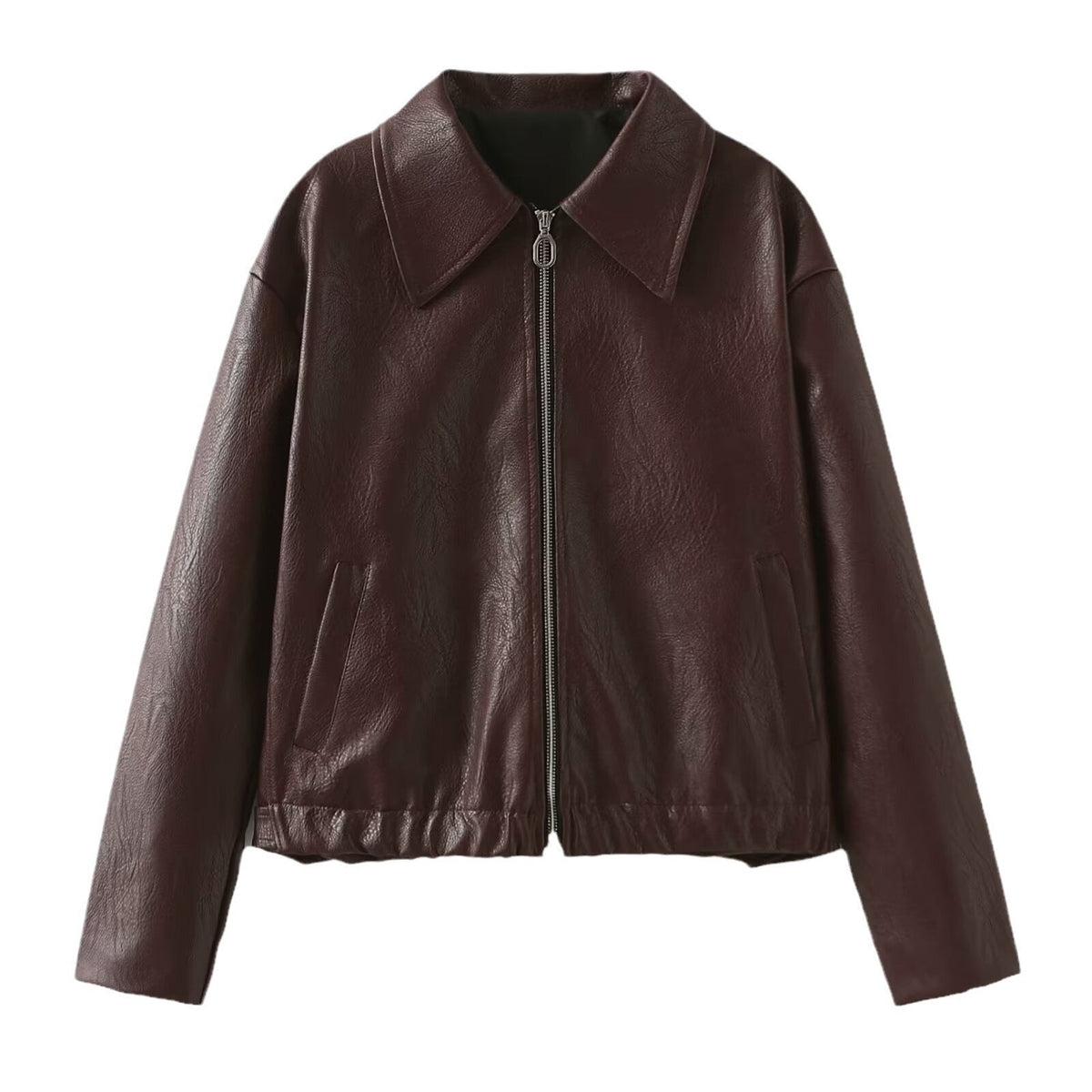 Women's black faux leather zip jacket sleek everyday style lightweight full-length zipper closure