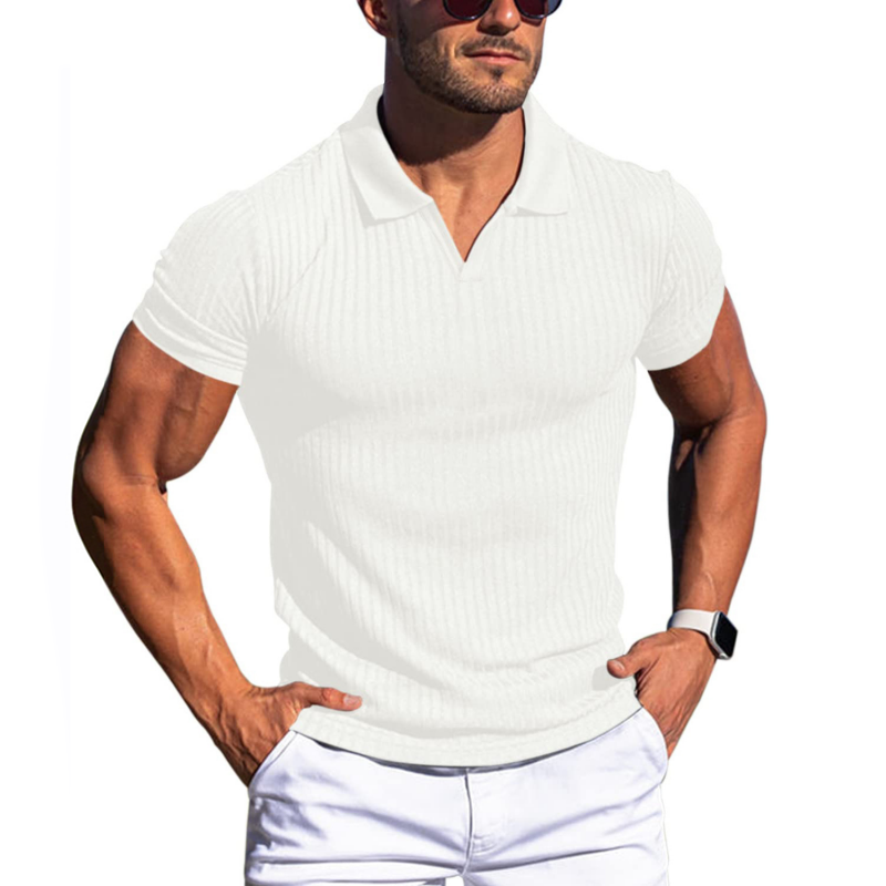 Men's slim fit ribbed knit polo shirt short sleeve premium everyday wear modern silhouette
