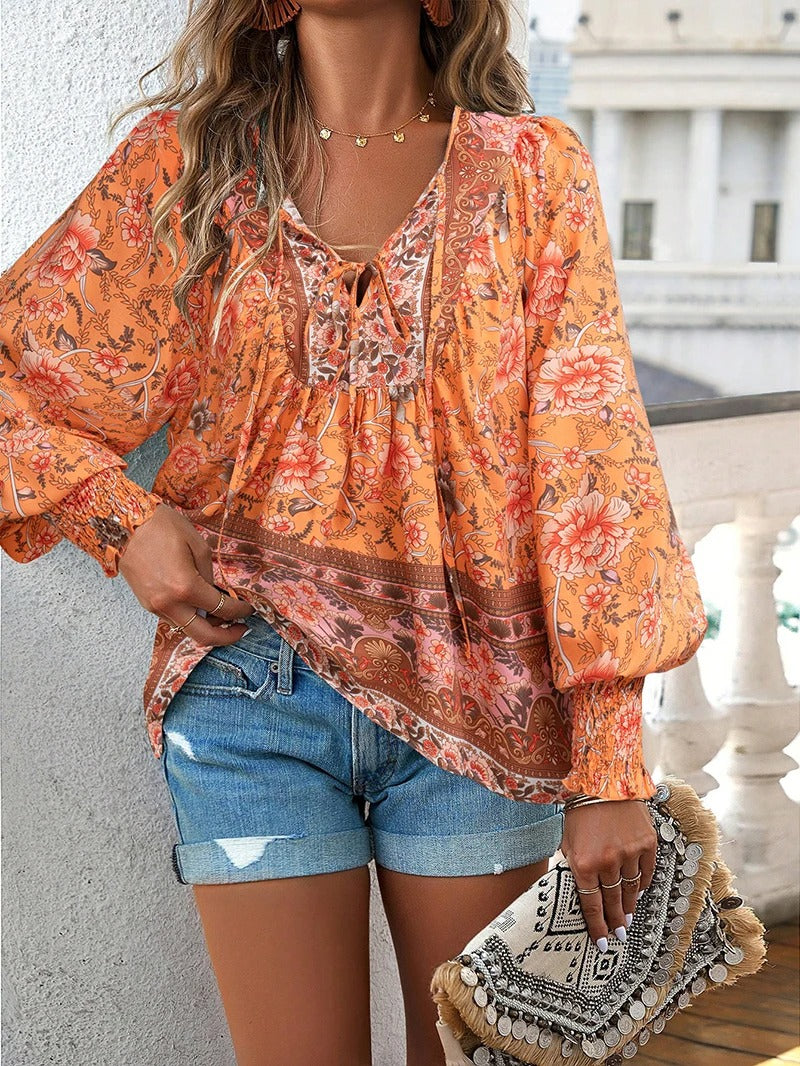 Women's white floral boho summer top with lightweight breathable fabric and breezy relaxed fit