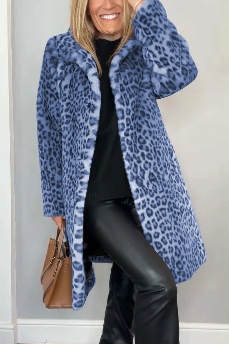 Unisex mid-length leopard print faux fur coat soft plush texture cozy stretch blend