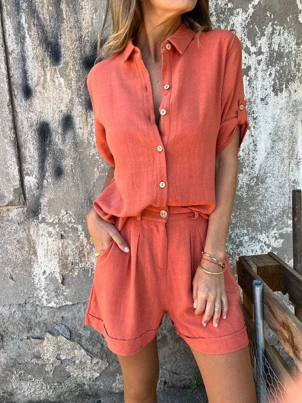Lightweight matching shorts and top set in relaxed flowing silhouette, effortless warm-weather two-piece style