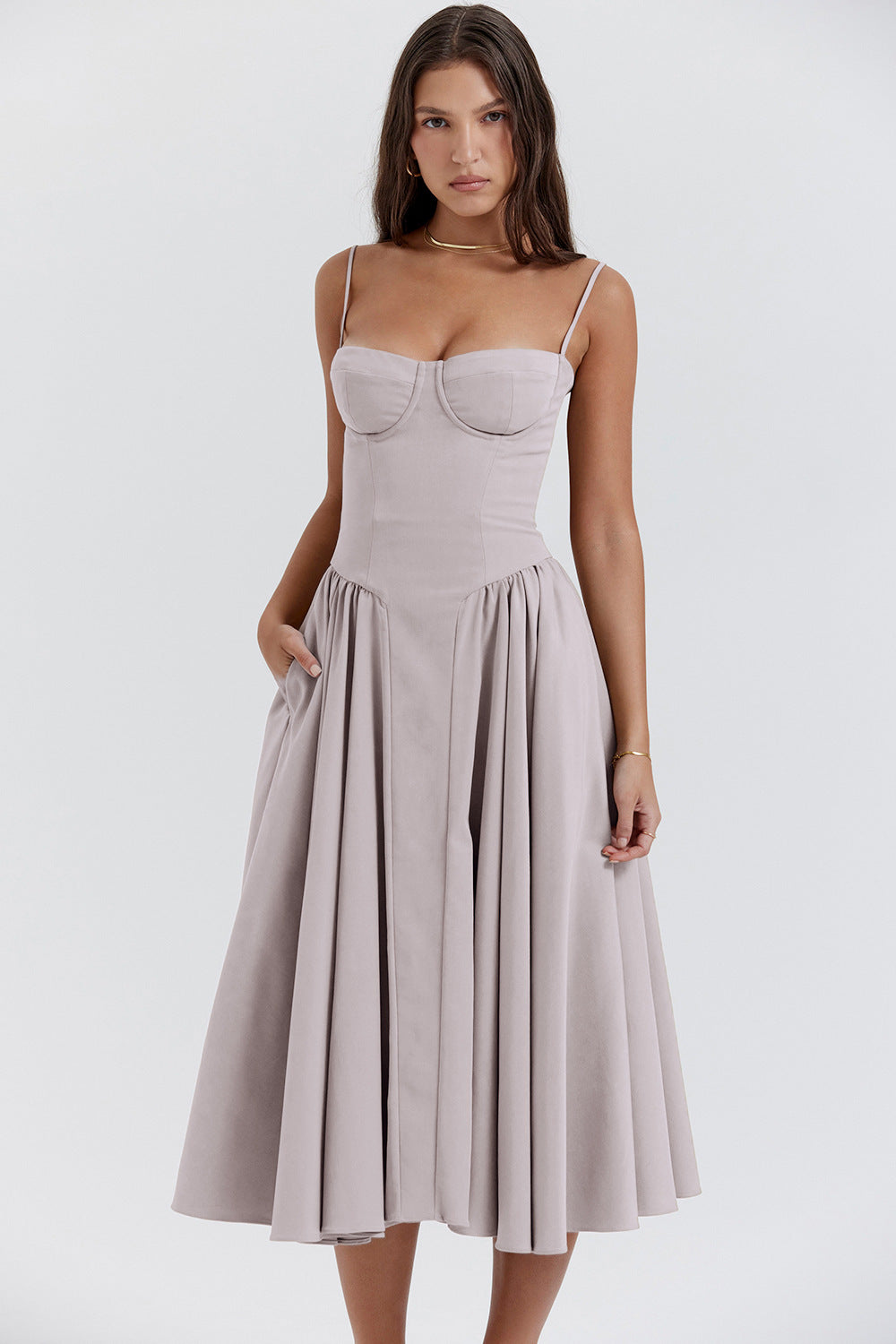 Wavlynn Natalie pleated midi dress with structured bodice, slim spaghetti straps, elegant spring style