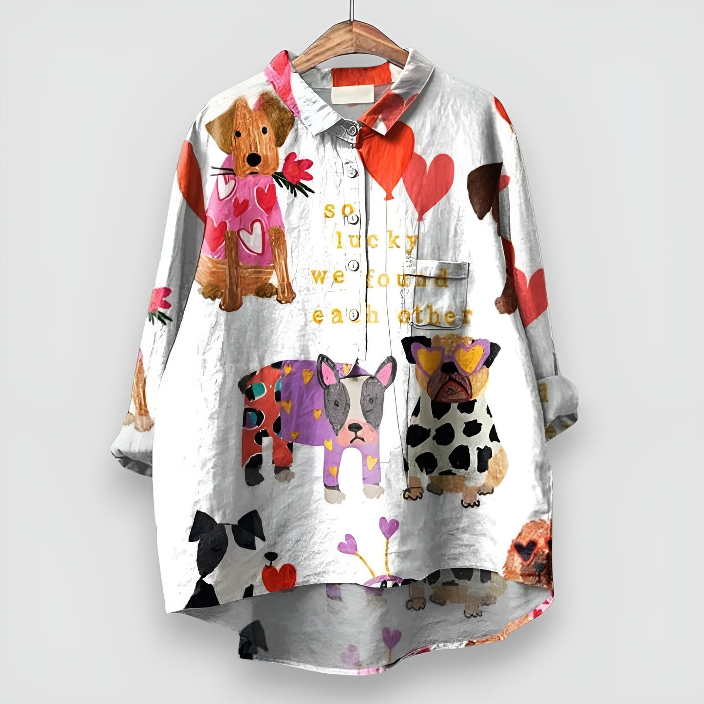 Women's relaxed white shirt with charming all-over dog print, casual chic silhouette