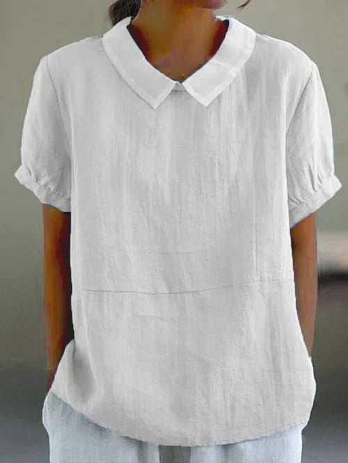 Sky blue linen-look casual top with contrast white Peter Pan collar and cuffed short sleeves