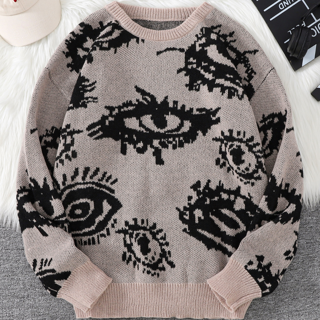 Beige relaxed-fit round-neck knit sweater with abstract eye jacquard pattern for casual wear