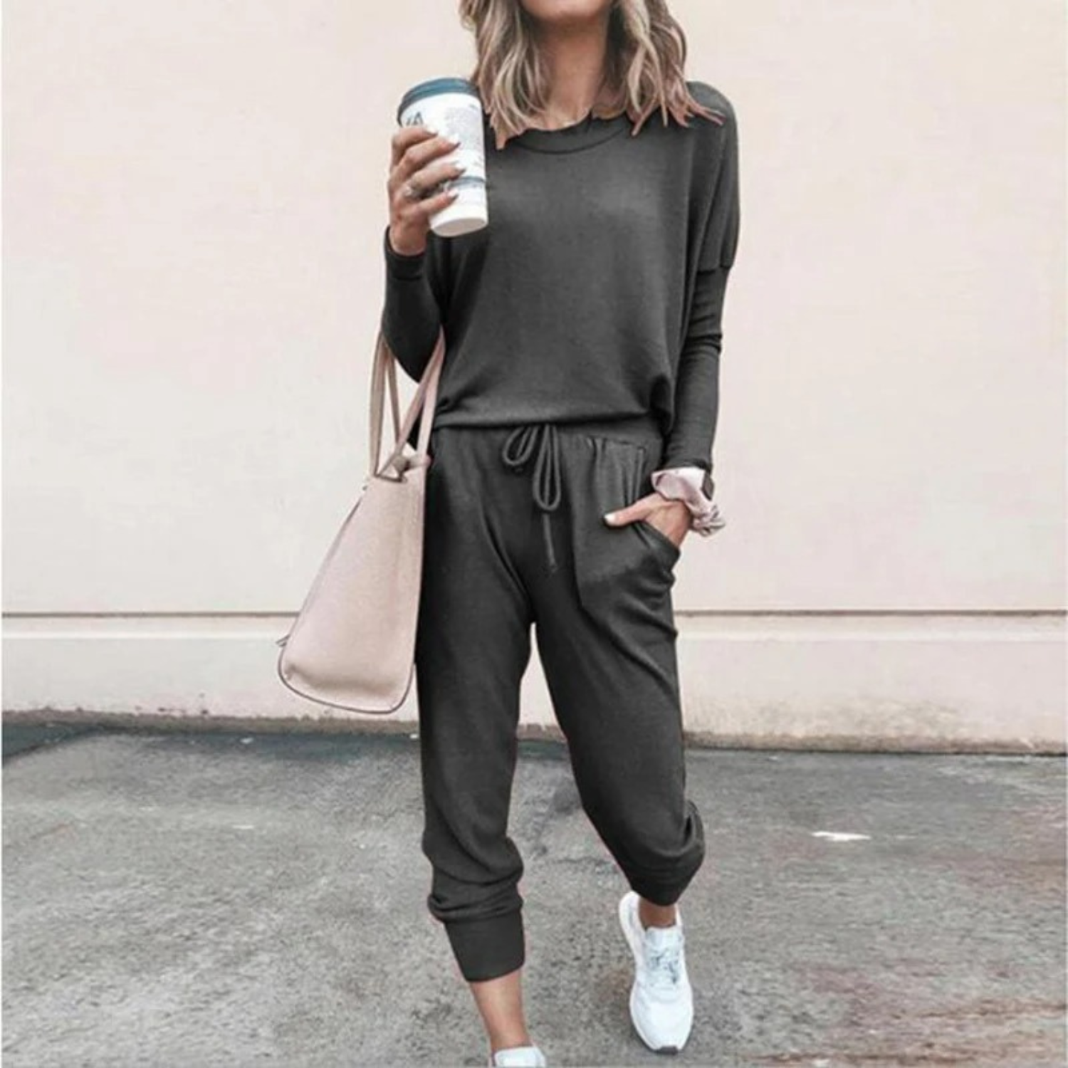 Women's gray relaxed jogger lounge set with coordinated top and loose silhouette
