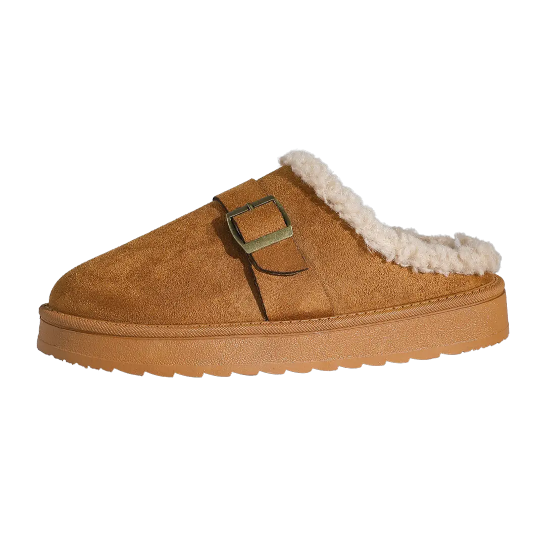 Women's beige fleece platform slipper clogs with gold buckle detail and plush lining