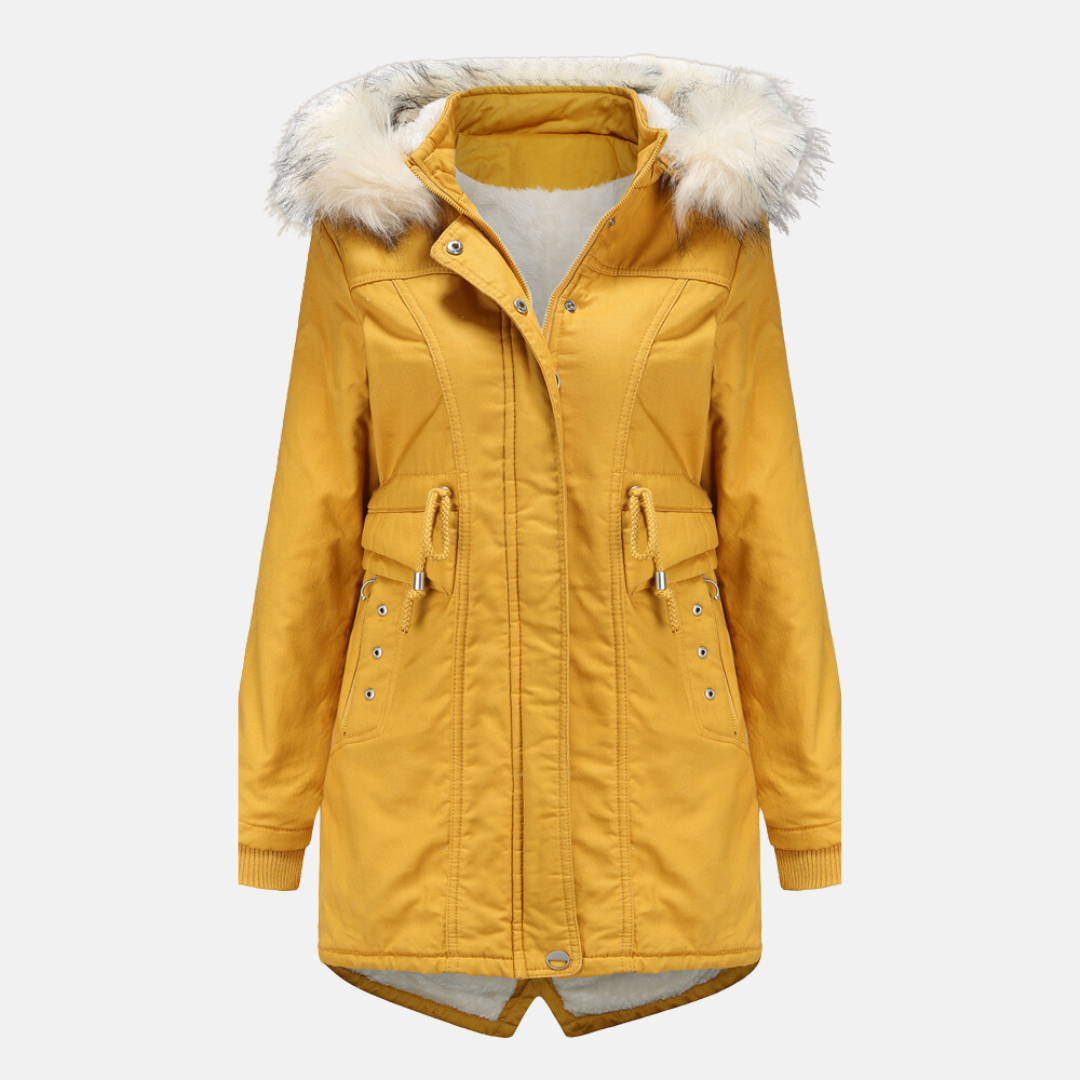 Women's mid-length weather-resistant parka jacket tailored fit with removable faux fur hood