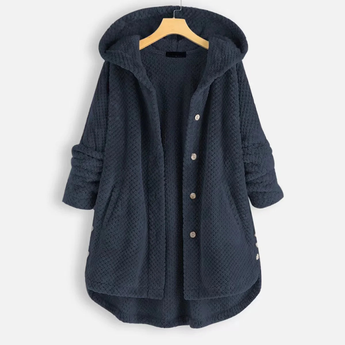 Oversized fleece hooded jacket with button-front closure and integrated pockets, Nordic-inspired casual style