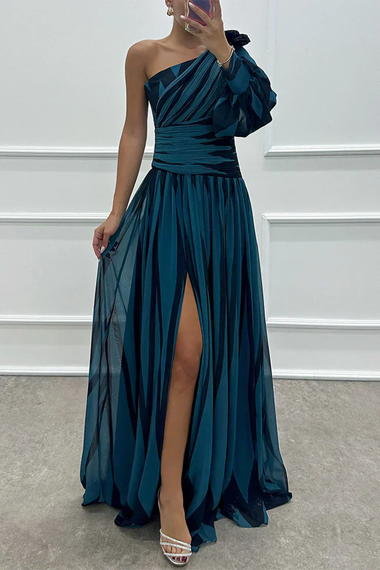 Striped one-shoulder asymmetric maxi dress with flowing silhouette for wedding guest occasions