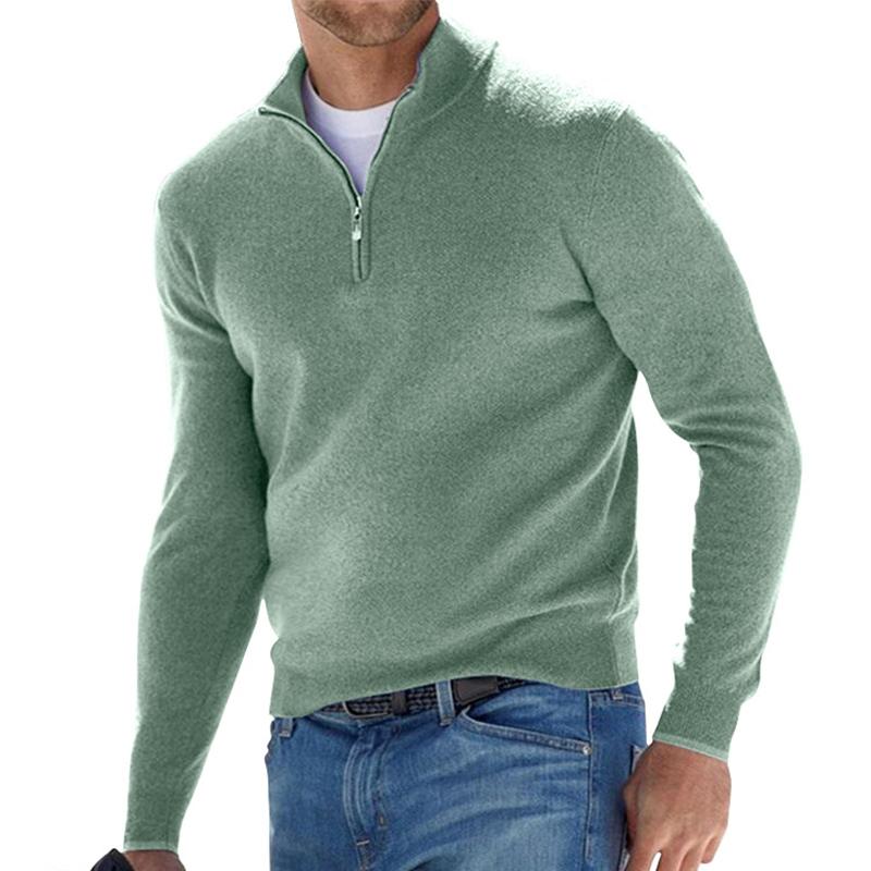 Men's half-zip knit sweater relaxed fit with ribbed edges, soft wool blend versatile layering essential