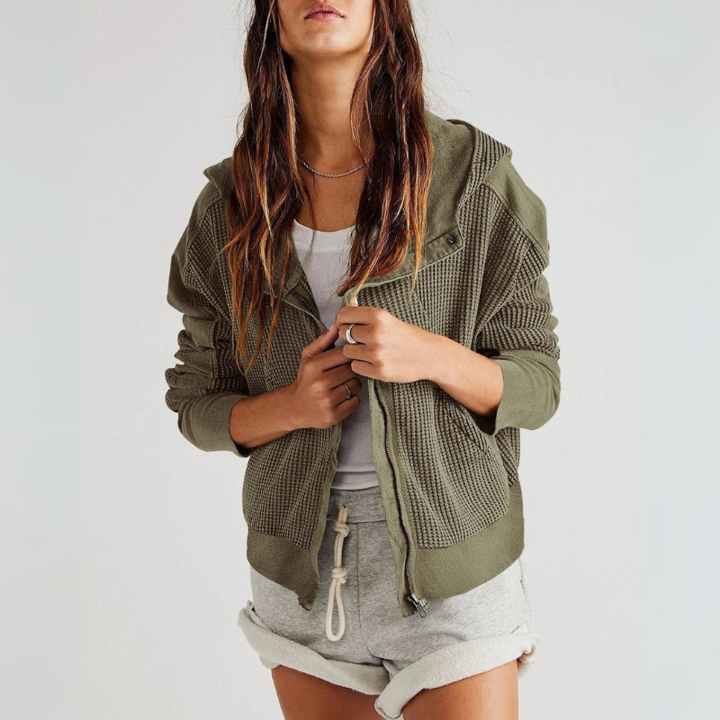 Cropped textured knit hoodie in neutral tone with hybrid button-to-zip closure