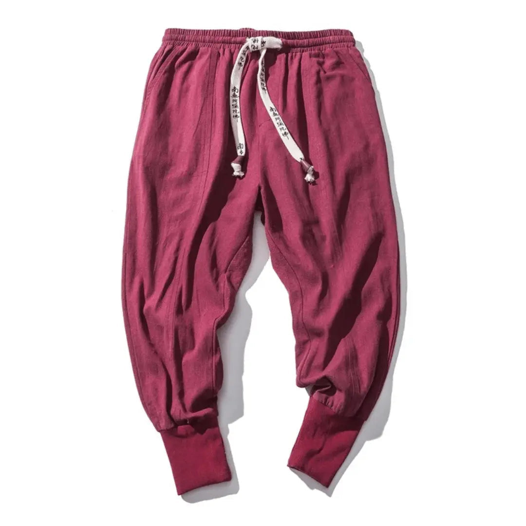Kenji loose fit drawstring waist pants, neutral cotton blend trousers with Japan-inspired streetwear silhouette