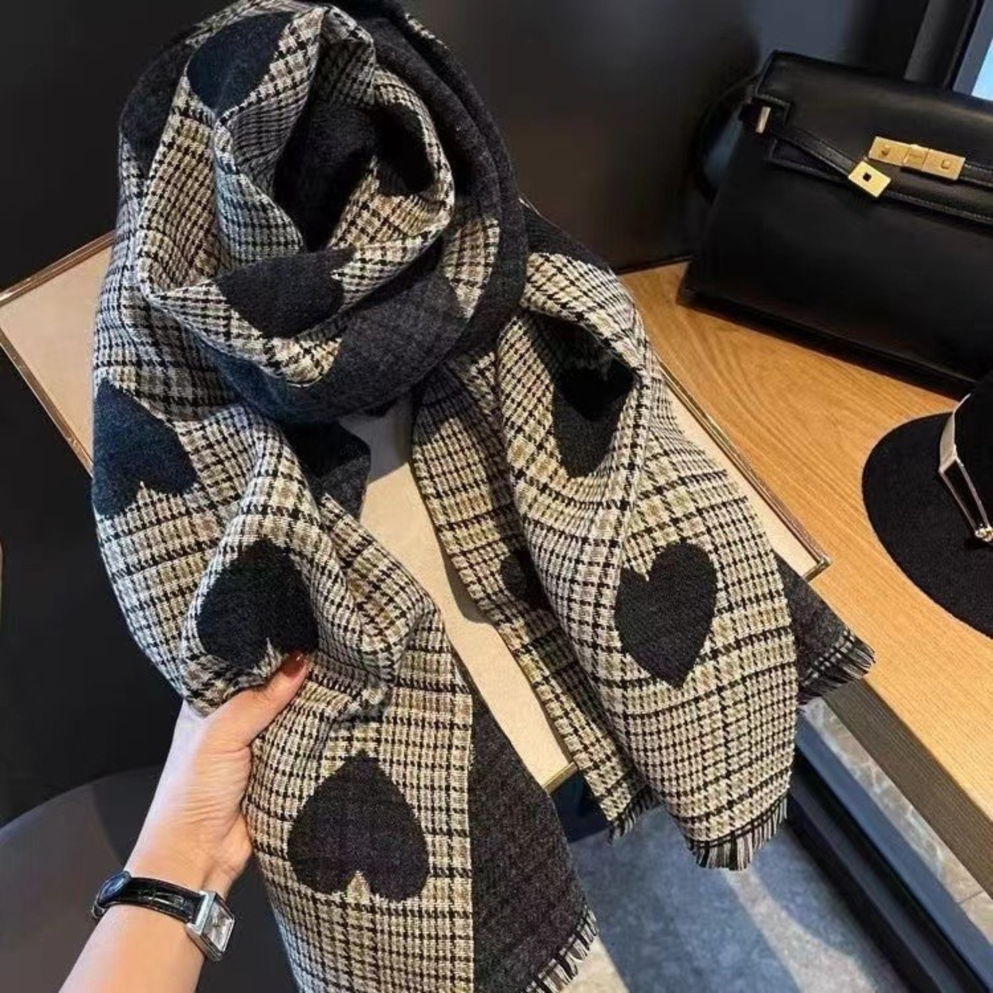 Cozy reversible plaid scarf with fringe tassels in warm tones, double-sided cold-weather accessory