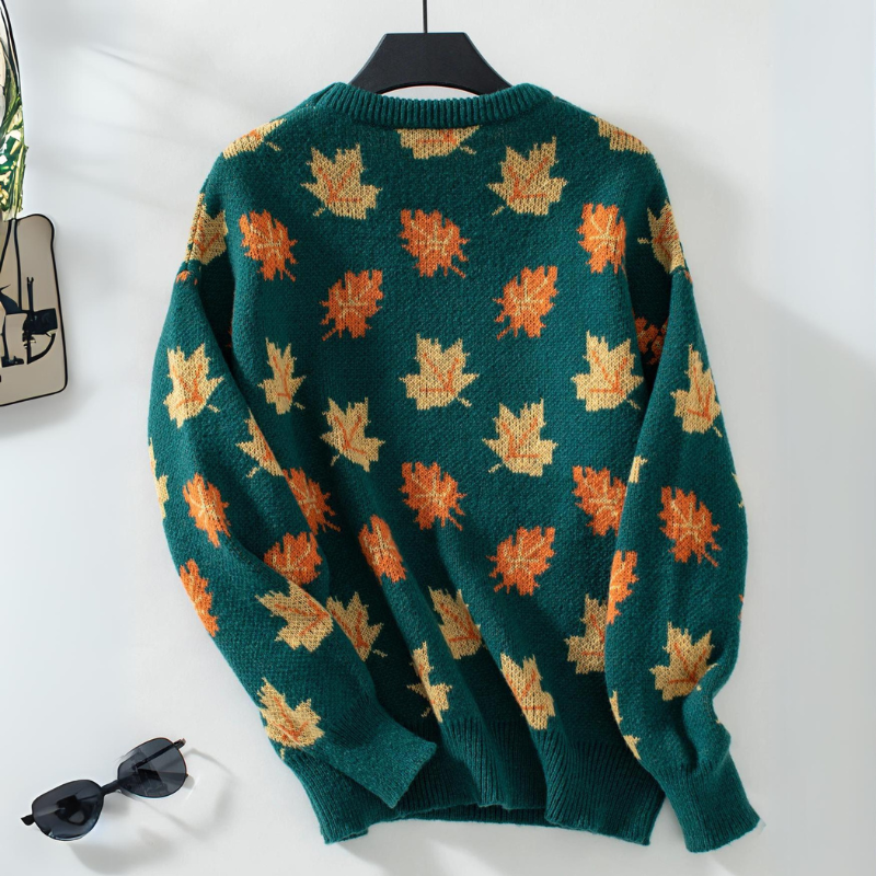 Maple Dream relaxed-fit knit sweater with tonal maple-leaf jacquard, ribbed cuffs, and round neckline