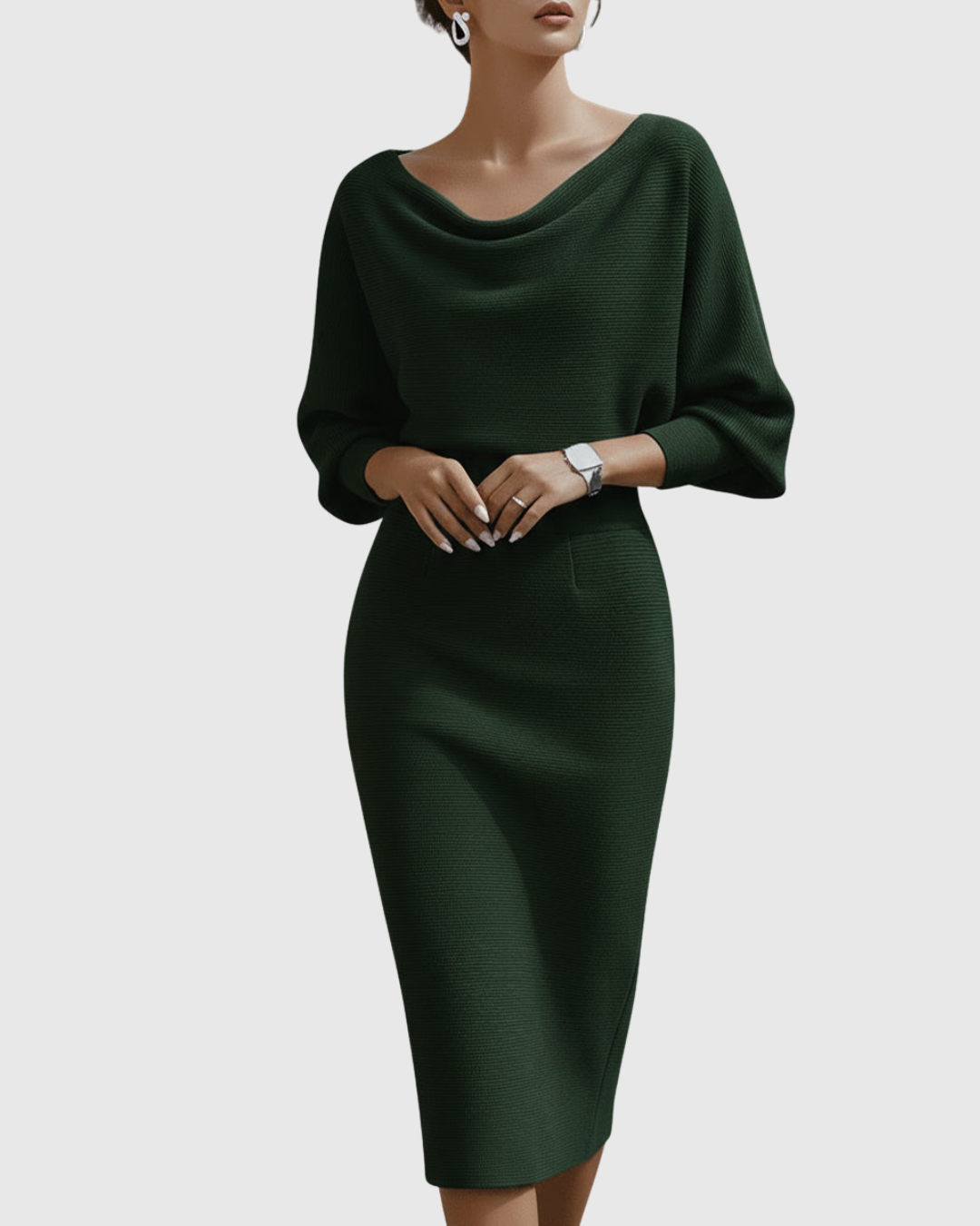 Women's ribbed midi dress with draped cowl neck, batwing sleeves, and fitted pencil skirt silhouette