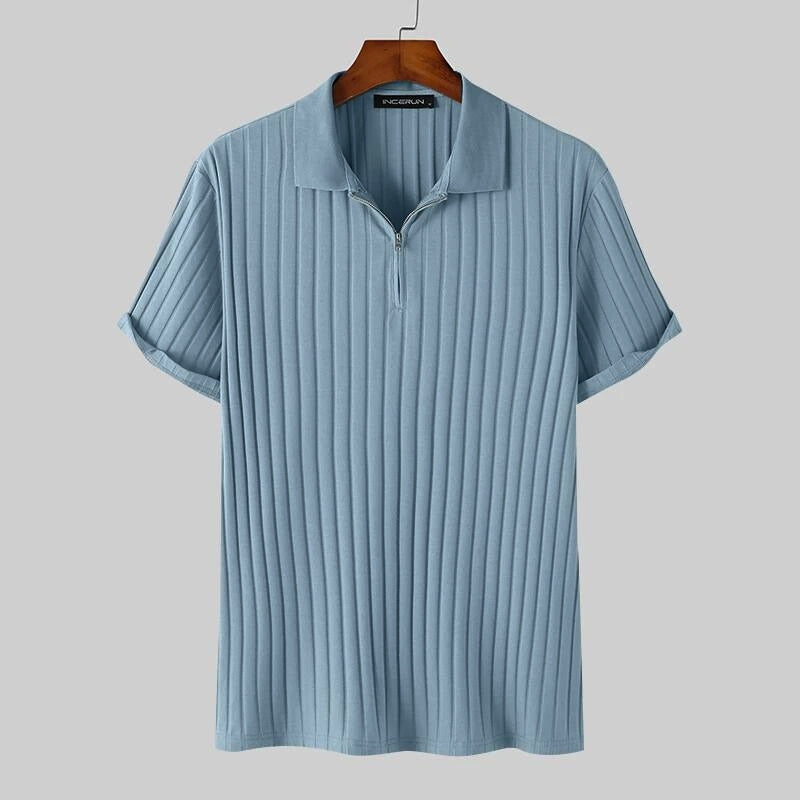 Belro men's navy polo shirt slim-fit wrinkle-resistant fabric with premium zipper detail