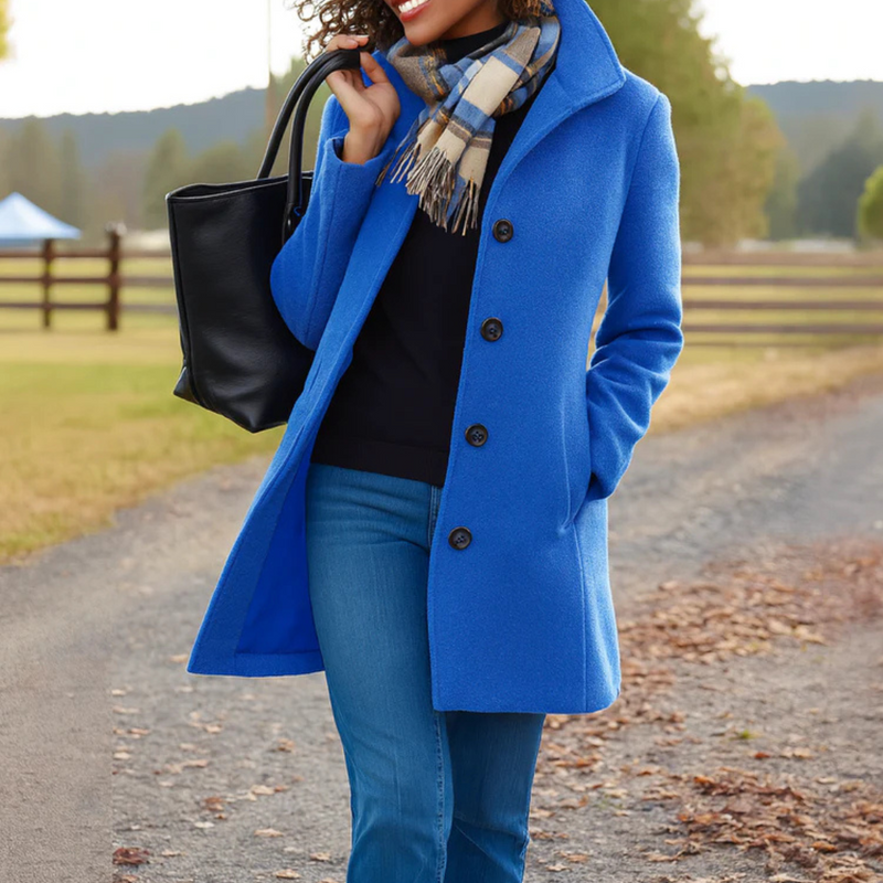 Aubrey classic wool coat straight silhouette button-front closure timeless elegant style