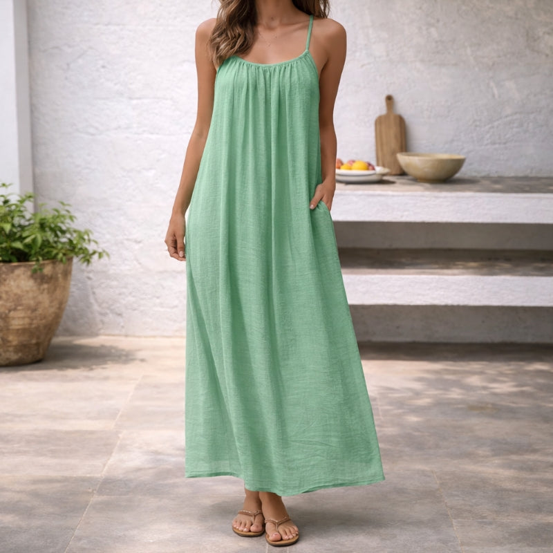 Women's linen maxi sundress spaghetti strap gathered neckline flowy silhouette with side pockets
