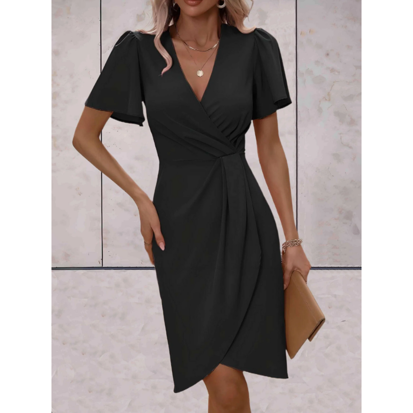 Nude bodycon wrap midi dress with flutter sleeves, deep V-neck, and twisted front detail
