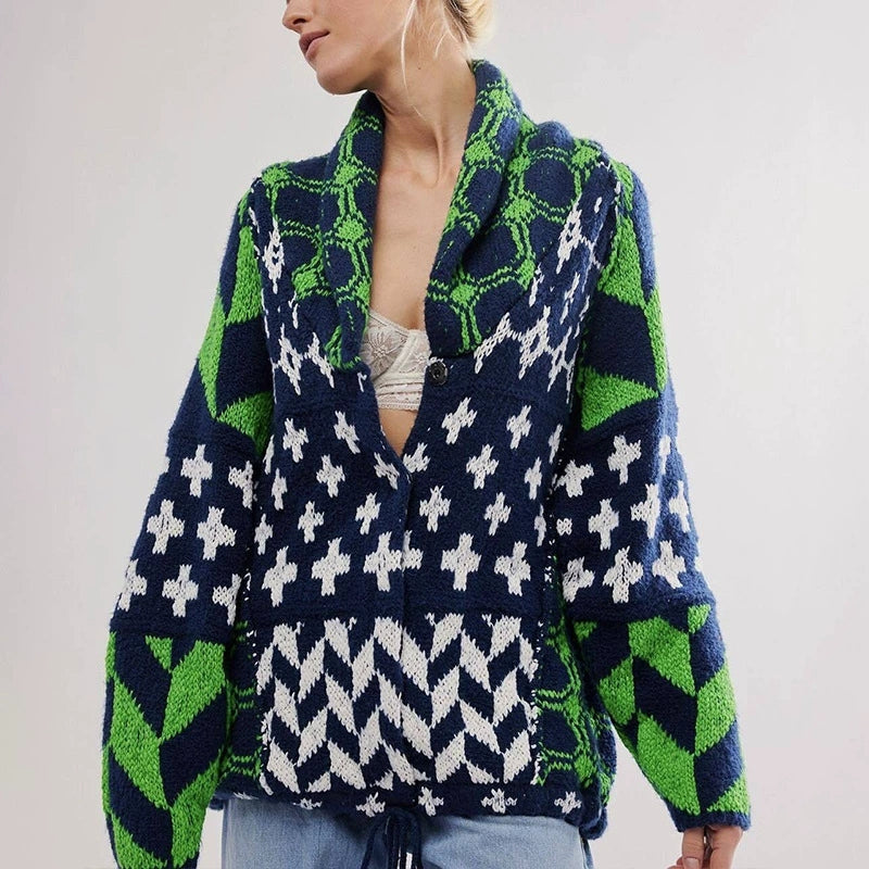 Devran oversized knitted cardigan in neutral tones with woven geometric pattern and relaxed drape