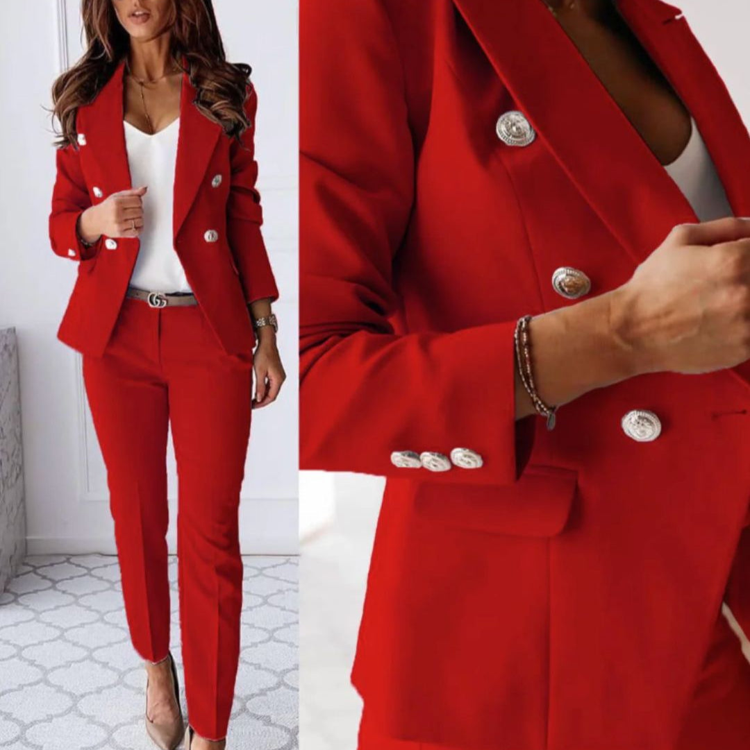Ivory double-breasted blazer suit set with tailored trousers, notched lapels and metallic buttons
