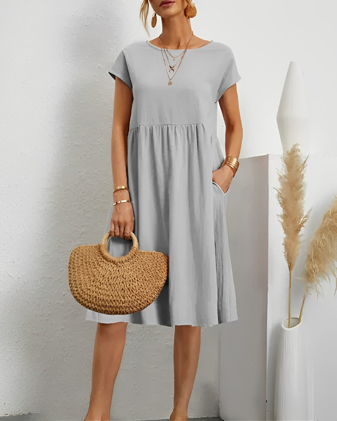 Women's loose fit midi dress short sleeves round neck cotton blend with practical pockets