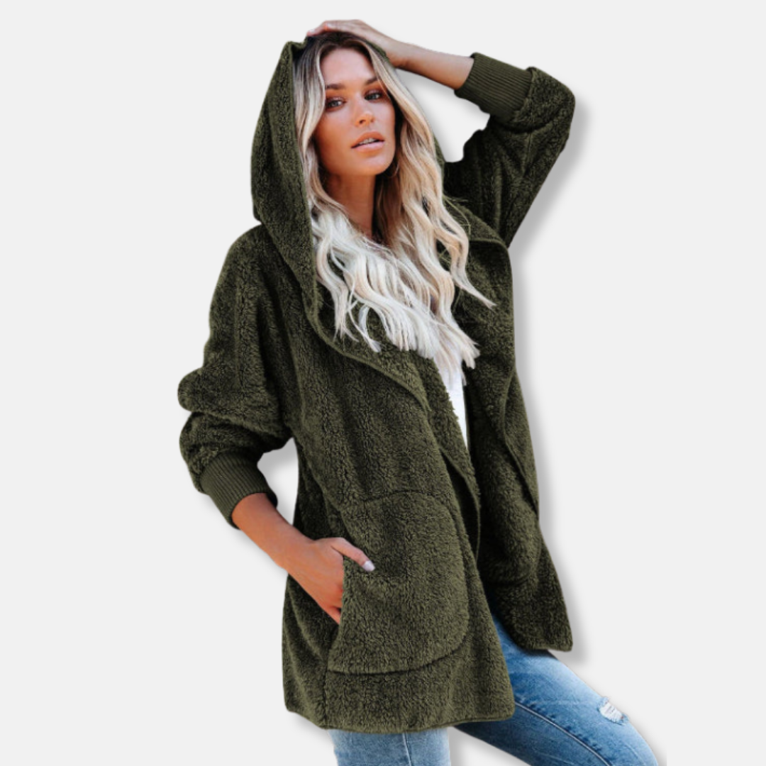 Women's oversized hooded sherpa fleece cardigan with open front pockets, cozy relaxed fit