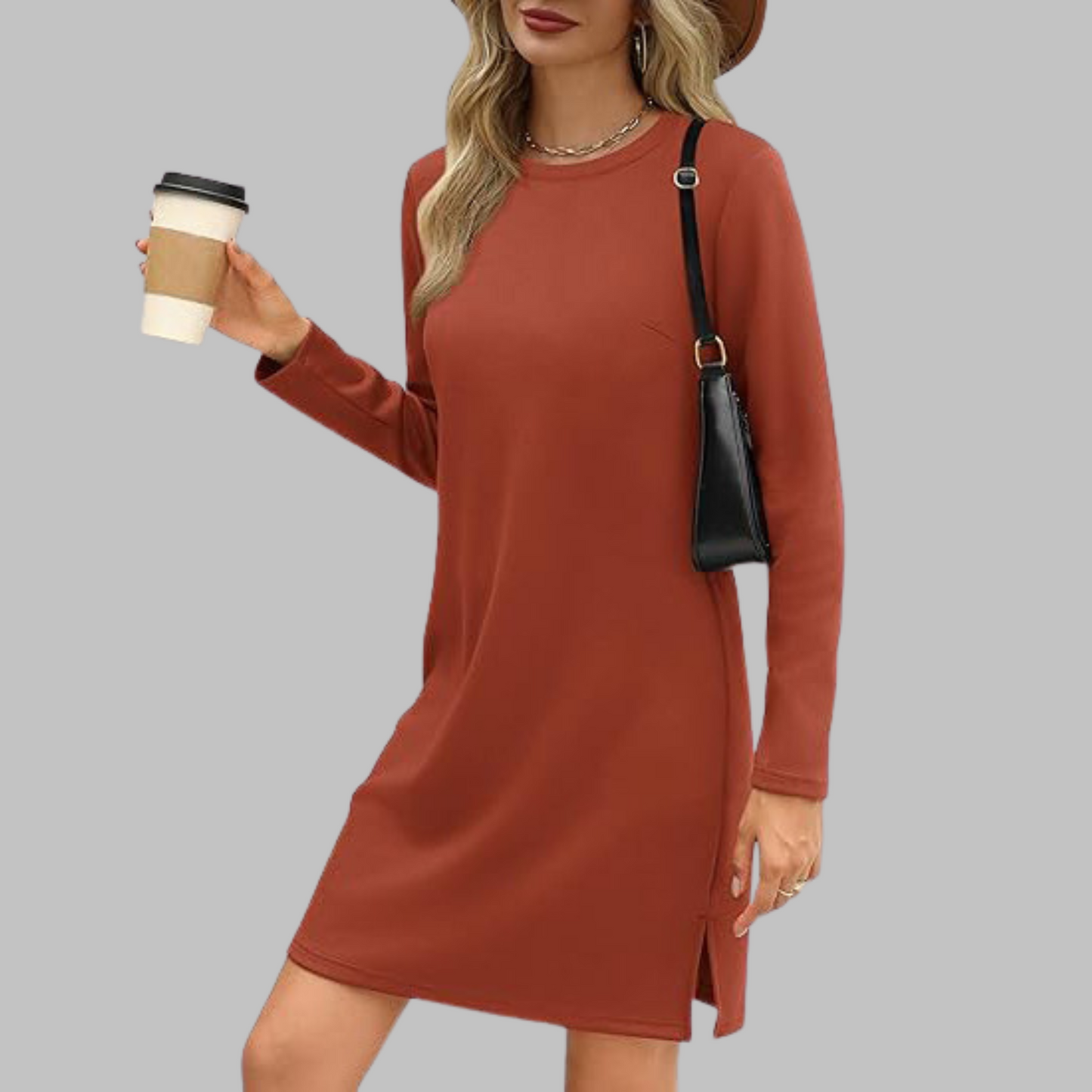 Alayah slim fit long sleeve round neck dress with tummy coverage in everyday casual style