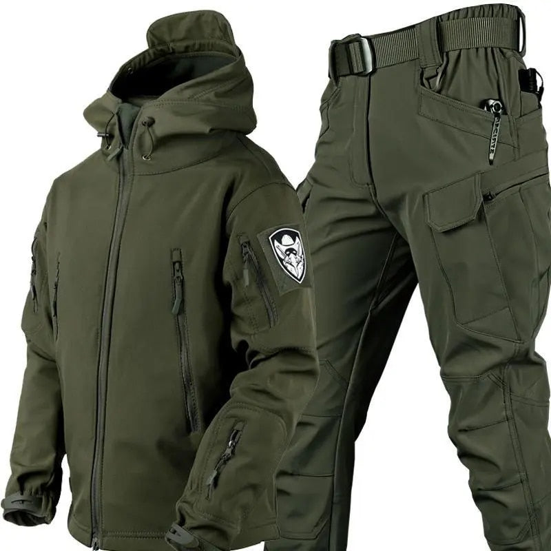 Men's gray softshell two-piece outdoor suit with windproof jacket, utility pockets, and adjustable fit