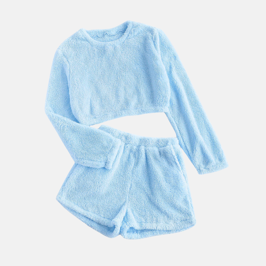 Women's textured plush loungewear set, cropped long sleeve top and high-waisted shorts, cloud-soft