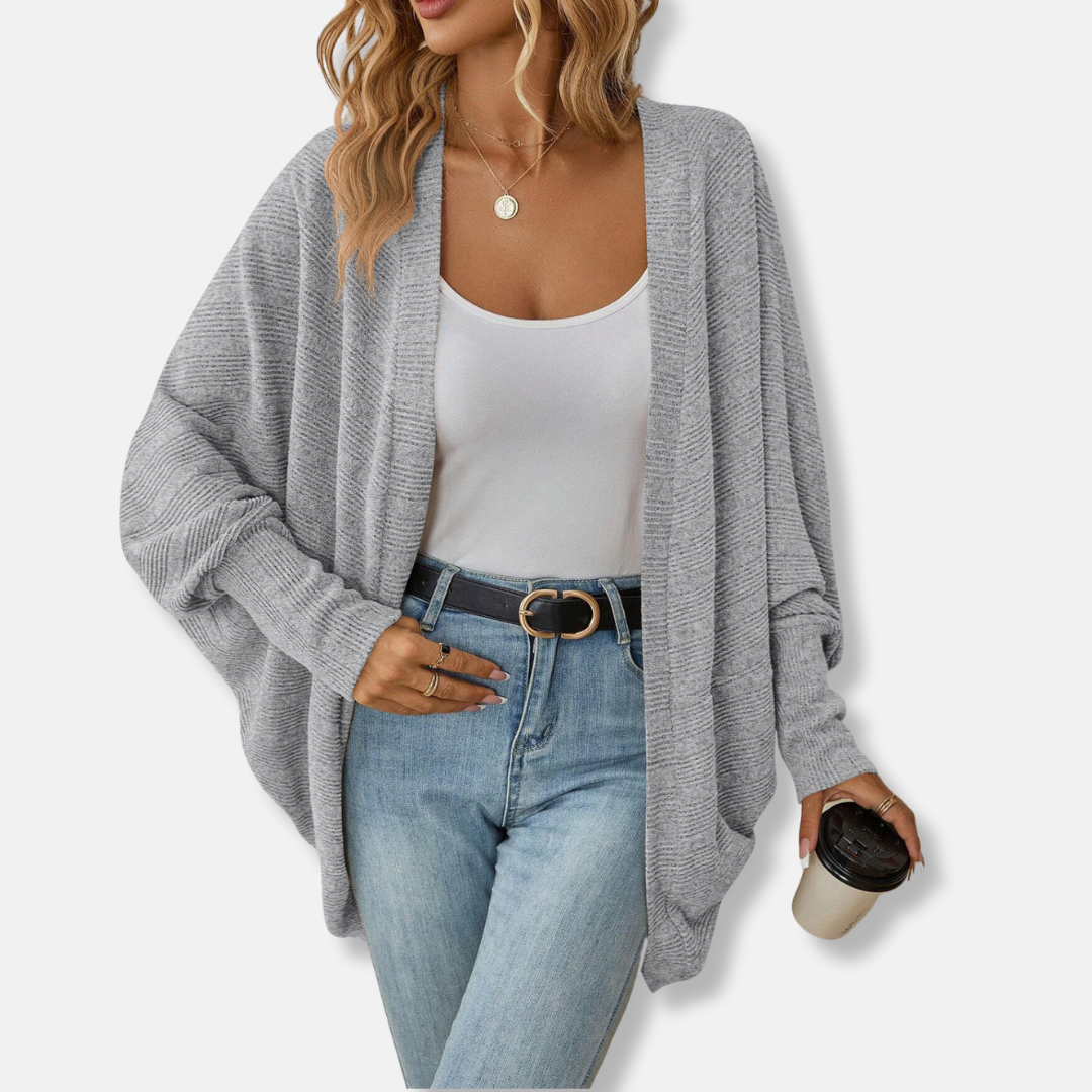 Women's loose fit ribbed knit cardigan with batwing sleeves and open front for versatile layering