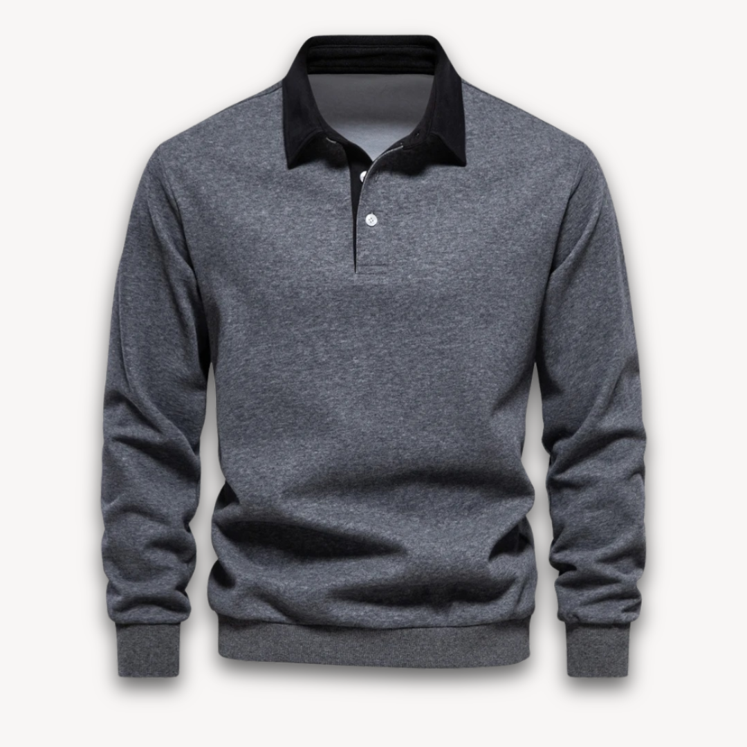 Navy blue men's polo sweater regular fit long sleeve soft knit natural fiber knitwear