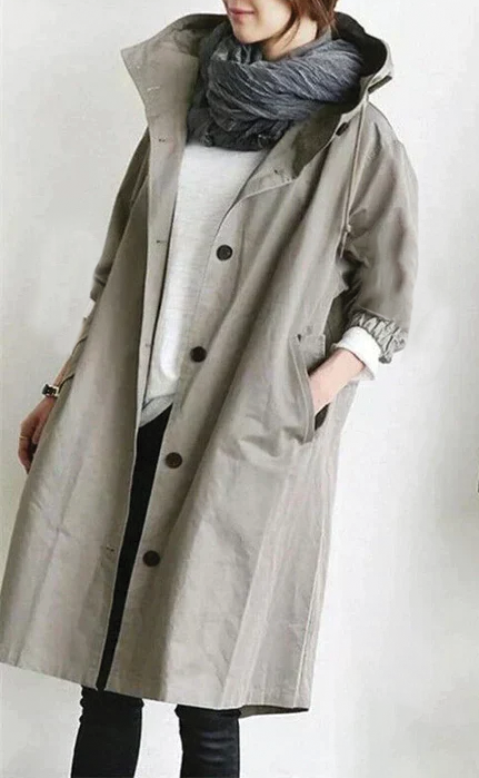 Women's hooded trench coat in classic neutral tone, tailored silhouette with removable hood