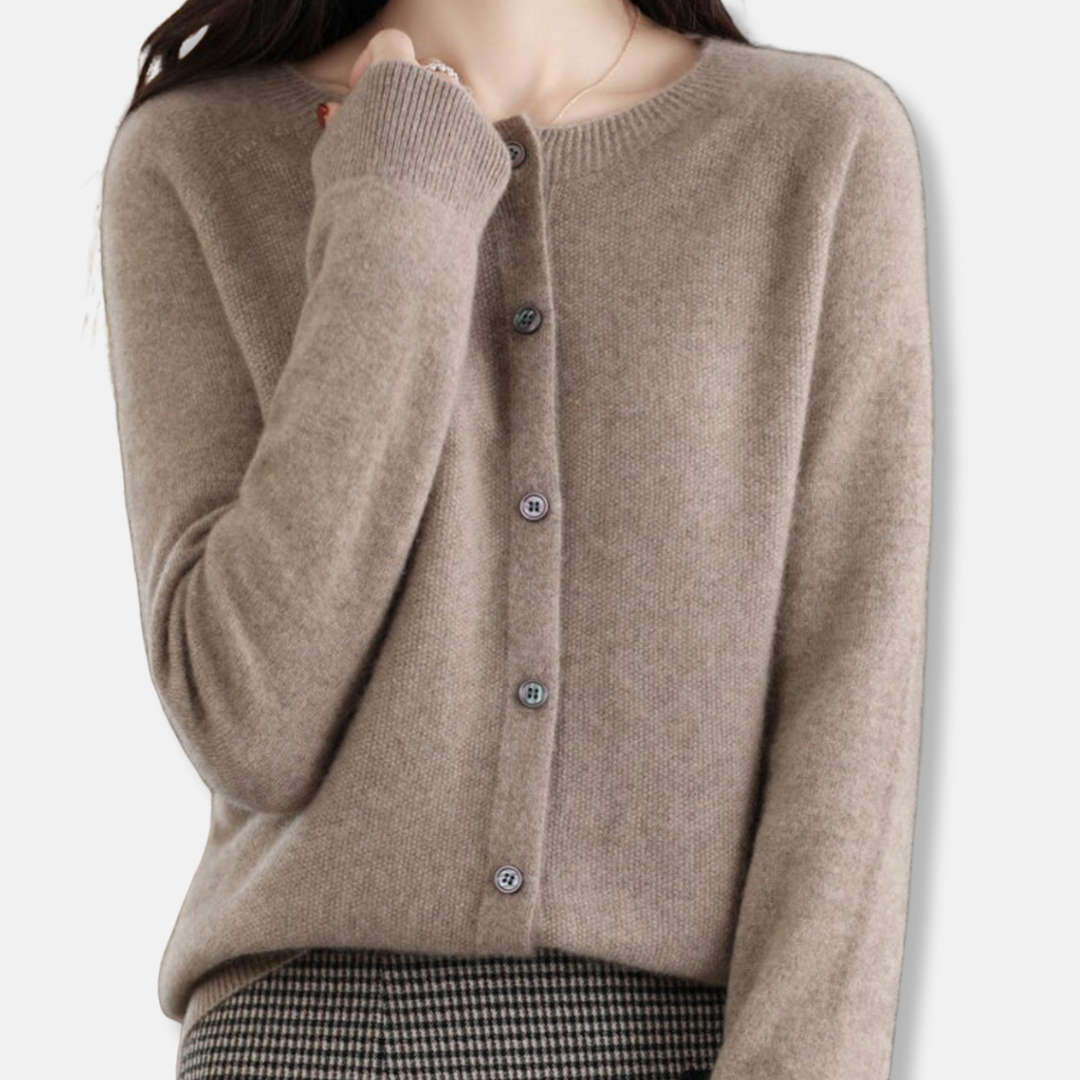 Women's merino wool cardigan, regular fit button-front ribbed sweater in classic neutral tone