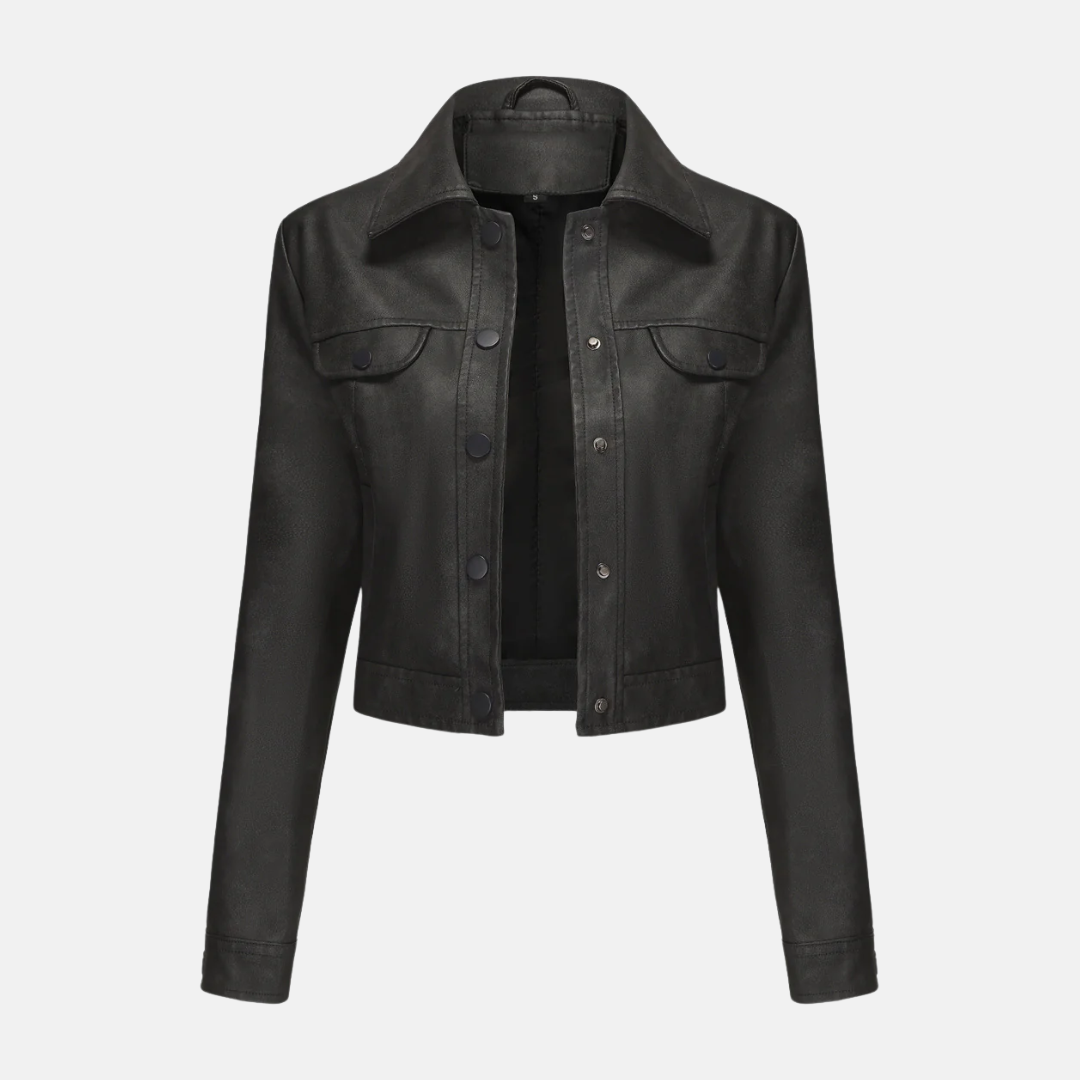 Women's cropped structured jacket with woven texture, snap front closure, and classic point collar
