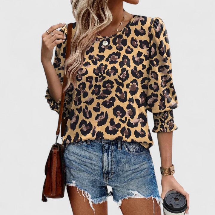 Women's relaxed crew neck top with smocked cuffs, 3/4 sleeves, effortless polished casual style