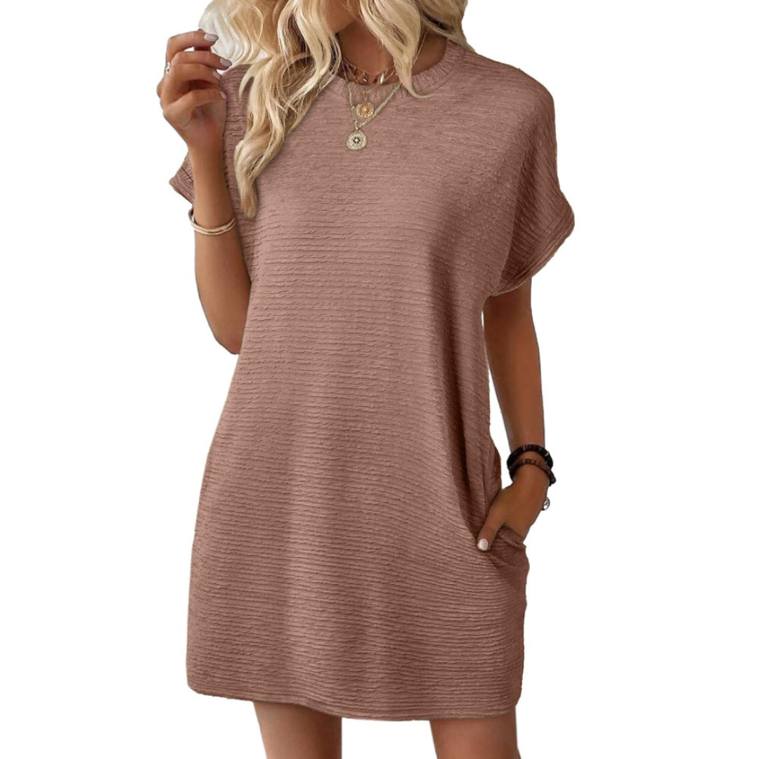 Hot pink ribbed crew neck T-shirt mini dress with relaxed silhouette, effortless warm-weather style