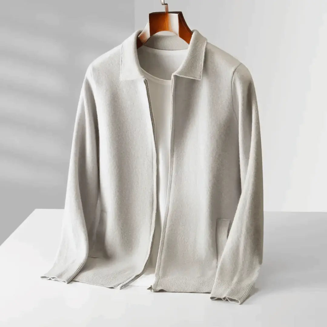 Men's wool blend zip-front cardigan in relaxed fit with collared neckline and long sleeves