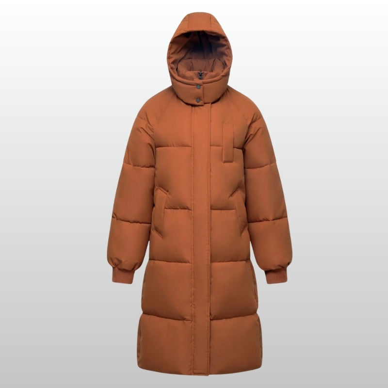 Cortina long puffer jacket with water-repellent fabric, fleece-lined pockets, and flattering silhouette