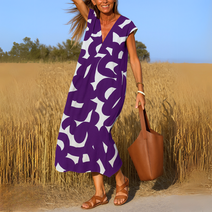 Women's flowy V-neck draped evening dress with elegant fluid silhouette and flattering neckline