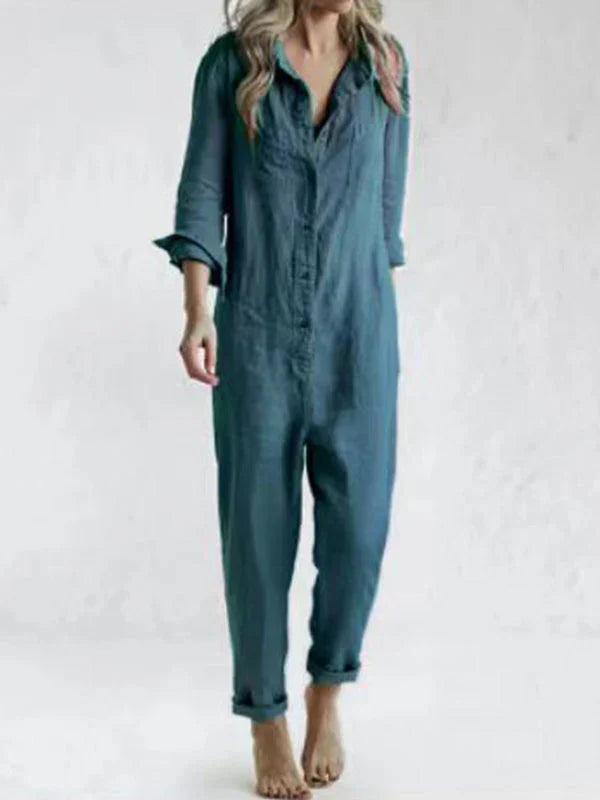 Women's loose fit cotton linen jumpsuit with long sleeves and front button closure
