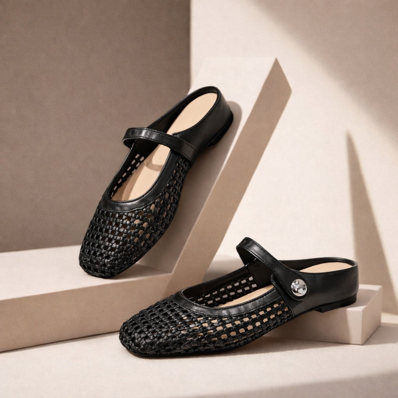 Women's gold woven Mary Jane mule flats with open-weave texture and classic ankle strap