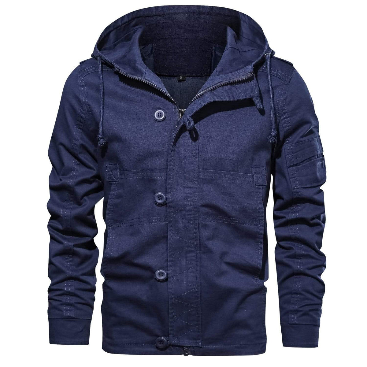 Men's olive utility jacket with adjustable hood, multiple pockets, all-weather rugged outdoor coat